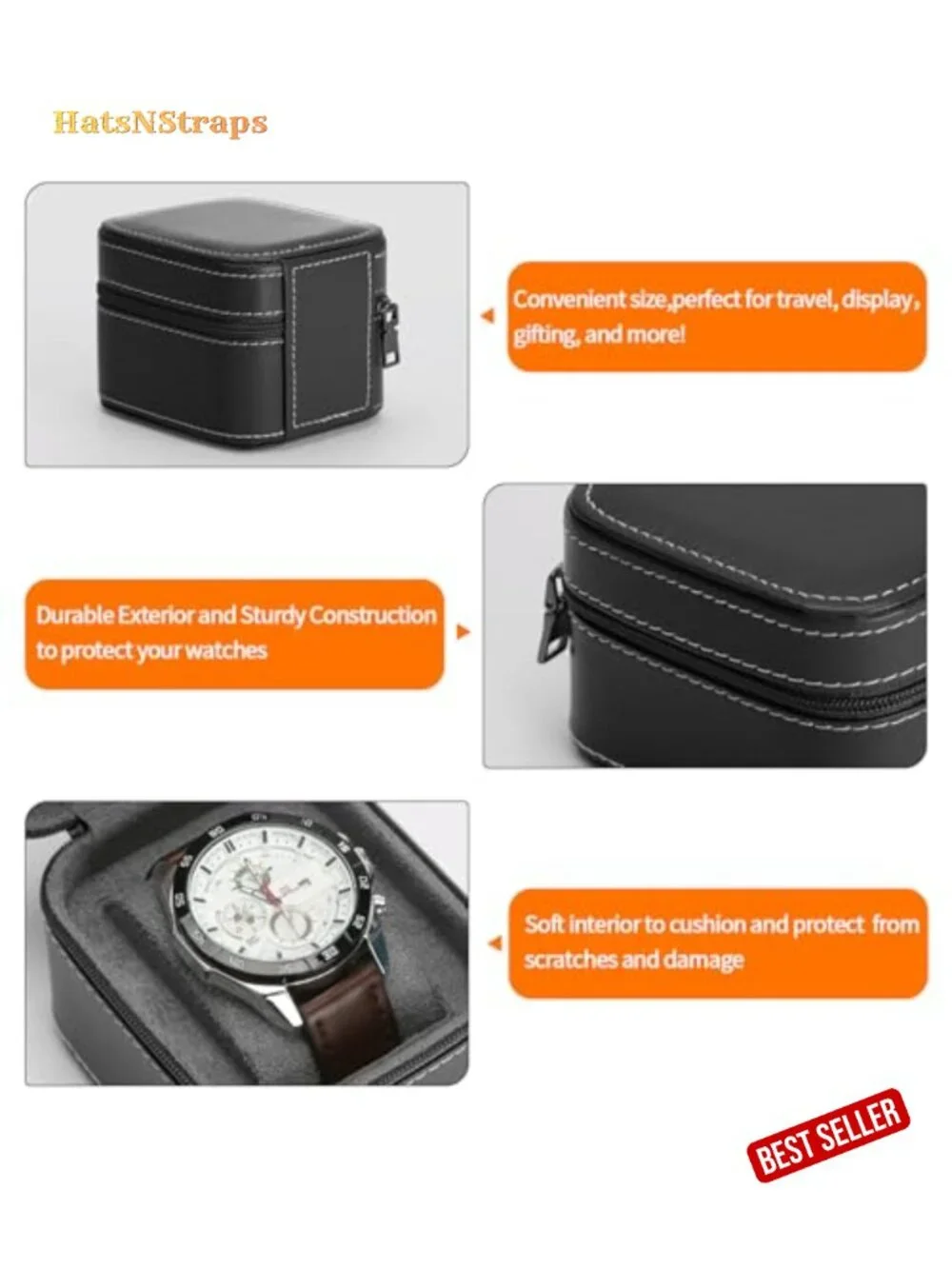 Portable Watch Travel Case with Removable Pillow, Zipper Closure